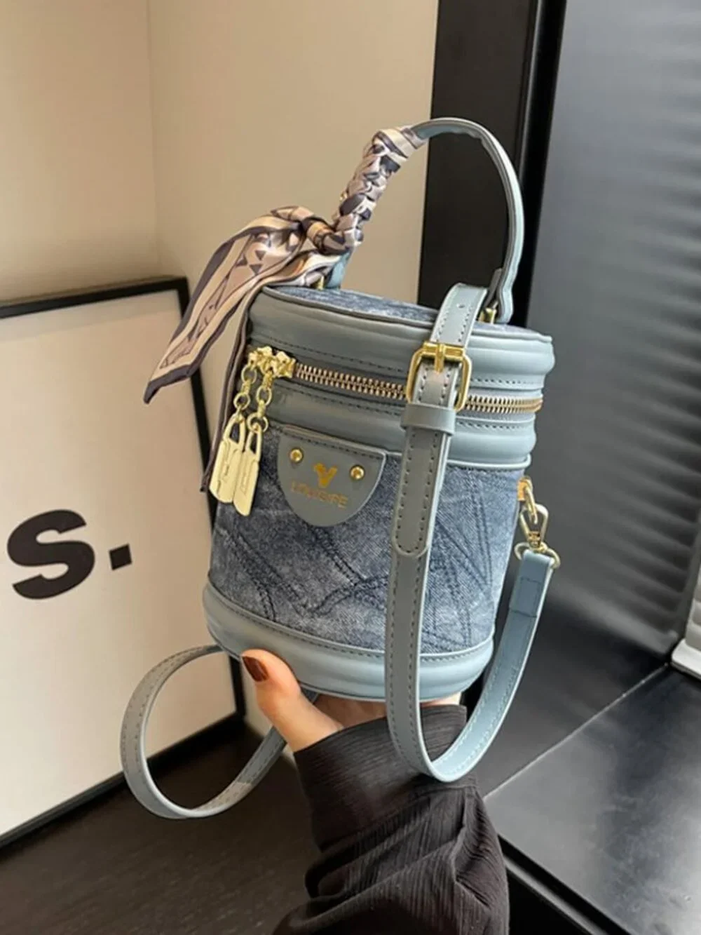 Unique Cylinderial Bags Retro Canvas Bucket Bag Colorblock Cylinder Purse for Wo - Picture 3 of 6